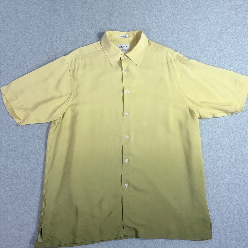 Alfani Mens Large Yellow Green Ombre 100% Silk Short Sleeve Button Down Shirt
